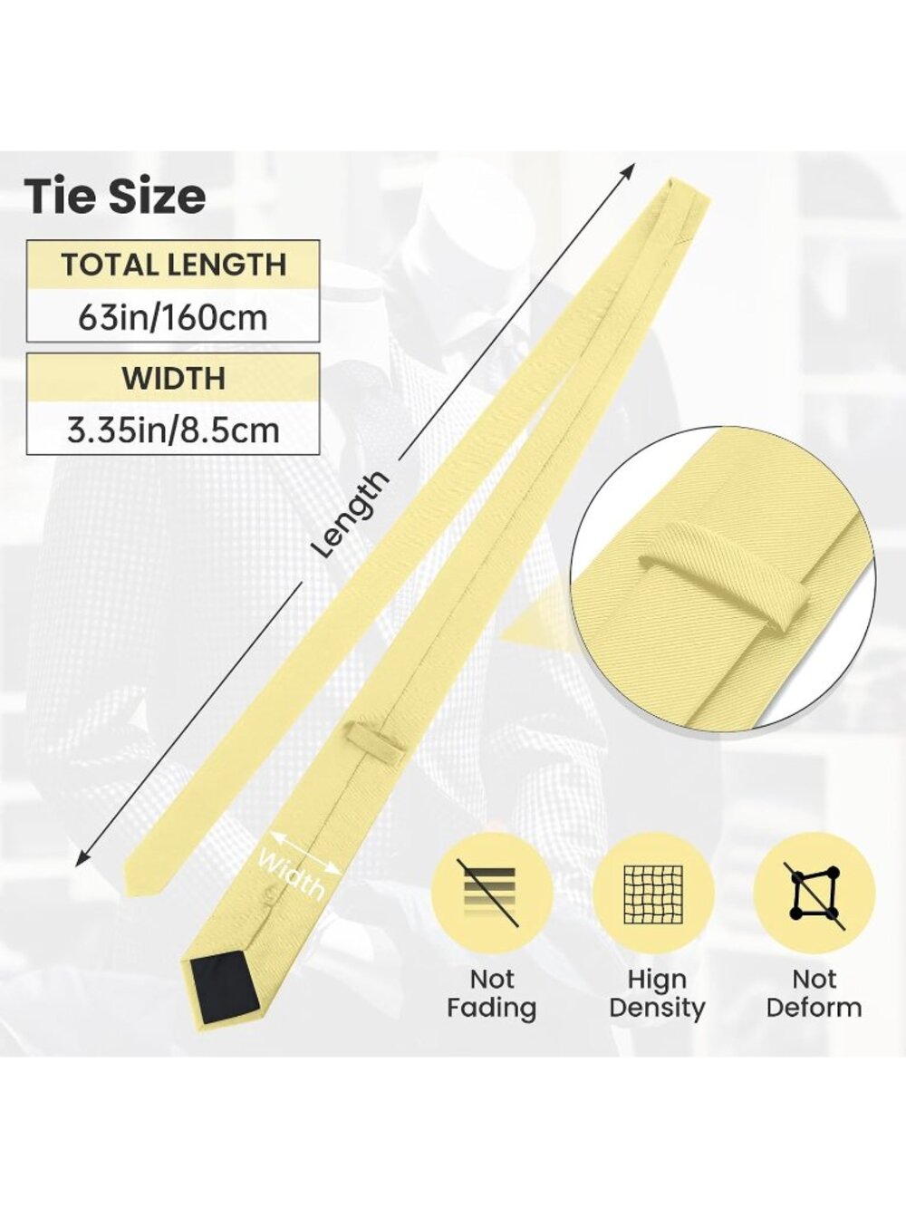Men Light Yellow  Twill Diagonal Textured Silk Formal Necktie For Business Dress - Picture 4 of 6